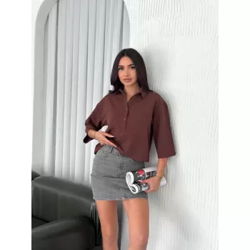 Kadın Crop Yakalı Gömlek Üç Çeyrek Sleeve Kol - Kahverengi