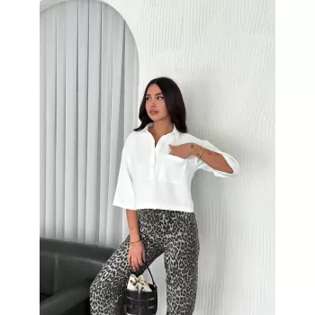 Kadın Crop Yakalı Gömlek Üç Çeyrek Sleeve Kol - Beyaz