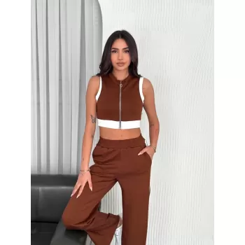 Osy Modal Yumuşak Dokulu Kumaş Tam Fermuarlı Crop Pantalon İkili Takım - Kahverengi