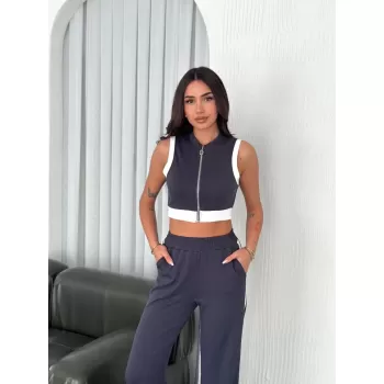 Osy Modal Yumuşak Dokulu Kumaş Tam Fermuarlı Crop Pantalon İkili Takım - Antrasit