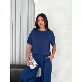 Osy Modal Yumuşak Dokulu Kumaş Bisiklet Yaka T-shirt Bol paça Pantalon ikili Takım -Saks Mavi