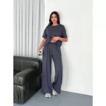 Osy Modal Yumuşak Dokulu Kumaş Bisiklet Yaka T-shirt Bol paça Pantalon ikili Takım -Antrasit