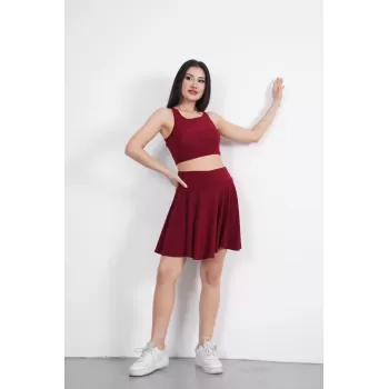 Crop Şortlu Etek ikili Takım - Bordo