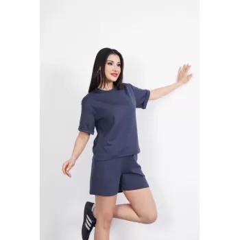 Osy Modal yumuşak dokulu Kumaş Kadın Bisiklet Yaka T-shirt Kısa Şort İkili Takım - Antrasit