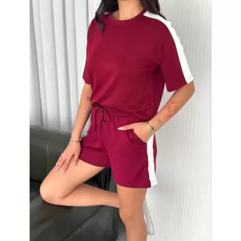 Osy Modal yumuşak dokulu Kumaş Kadın Parçalı Bisiklet Yaka T-shirt Kısa Şort İkili Takım -  Bordo