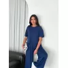 Osy Modal Yumuşak Dokulu Kumaş Bisiklet Yaka T-shirt Bol paça Pantalon ikili Takım -Saks Mavi