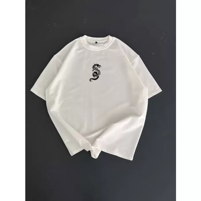 Baskılı Oversize Bisiklet Yaka T-shirt - Beyaz