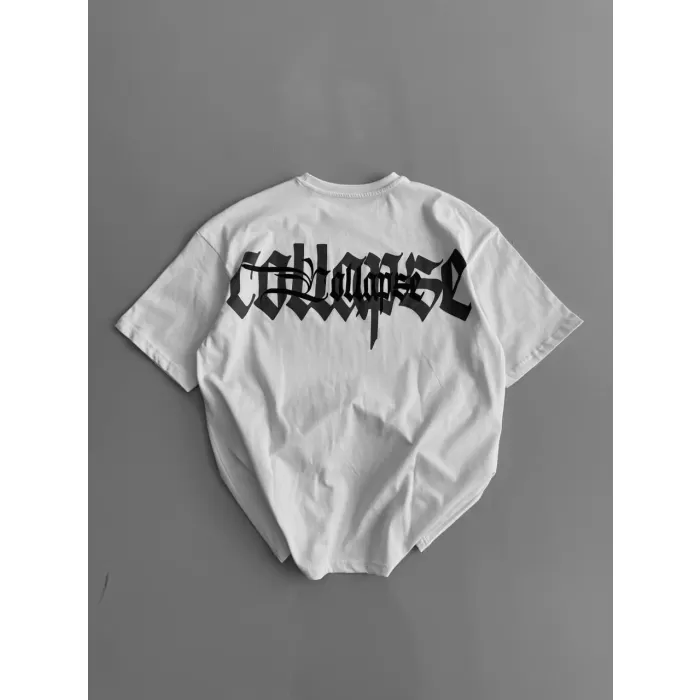 Baskılı Oversize Bisiklet Yaka T-shirt - Beyaz