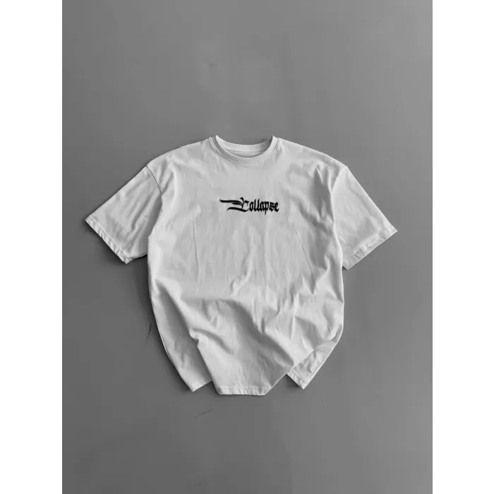 Baskılı Oversize Bisiklet Yaka T-shirt - Beyaz