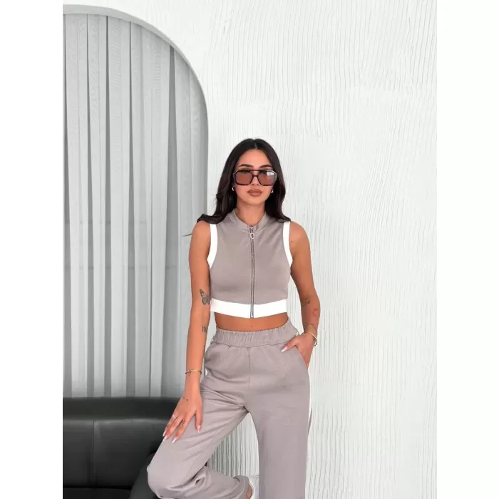Osy Modal Yumuşak Dokulu Kumaş Tam Fermuarlı Crop Pantalon İkili Takım - Gri