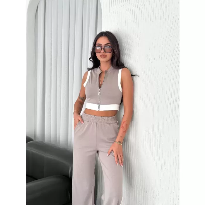 Osy Modal Yumuşak Dokulu Kumaş Tam Fermuarlı Crop Pantalon İkili Takım - Gri