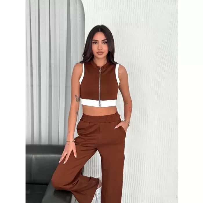 Osy Modal Yumuşak Dokulu Kumaş Tam Fermuarlı Crop Pantalon İkili Takım - Kahverengi