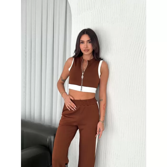 Osy Modal Yumuşak Dokulu Kumaş Tam Fermuarlı Crop Pantalon İkili Takım - Kahverengi