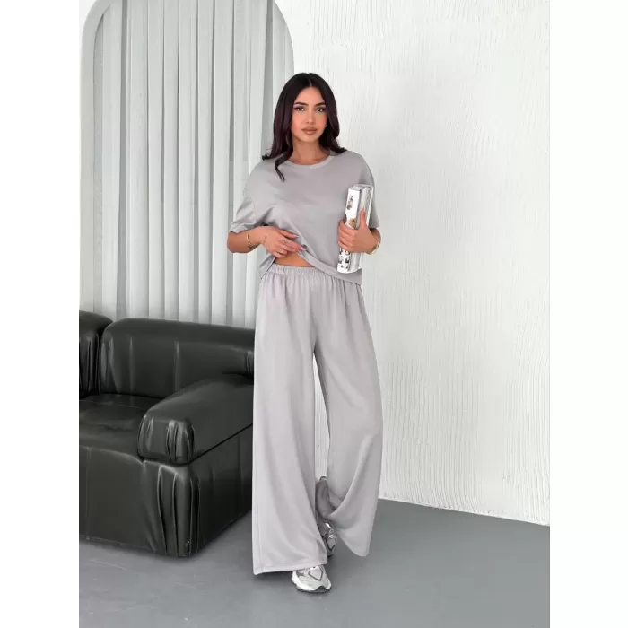 Osy Modal Yumuşak Dokulu Kumaş Bisiklet Yaka T-shirt  Bol paça Pantalon ikili Takım - Boyalı Gri