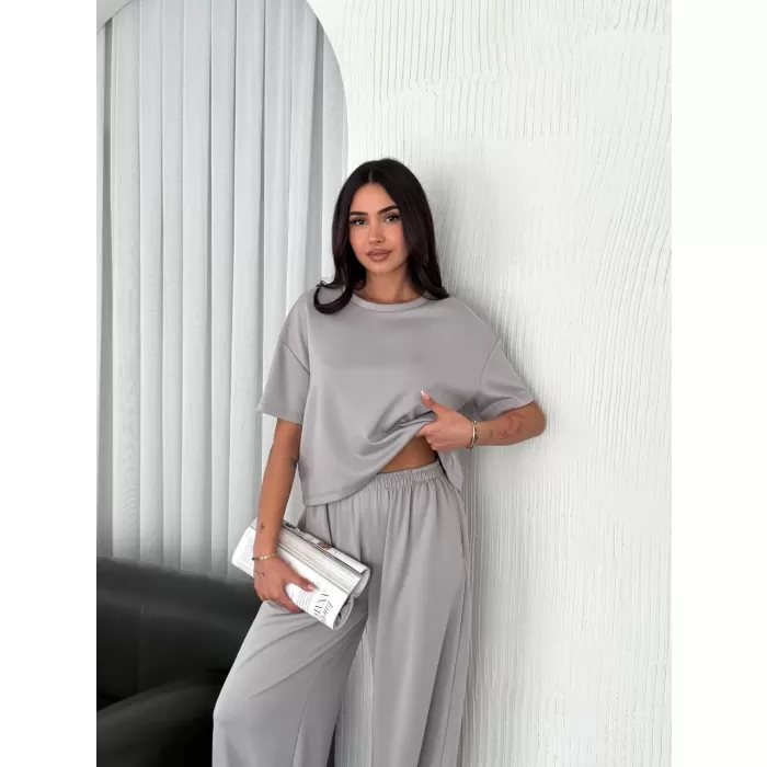 Osy Modal Yumuşak Dokulu Kumaş Bisiklet Yaka T-shirt  Bol paça Pantalon ikili Takım - Boyalı Gri