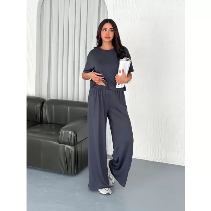 Osy Modal Yumuşak Dokulu Kumaş Bisiklet Yaka T-shirt Bol paça Pantalon ikili Takım -Antrasit