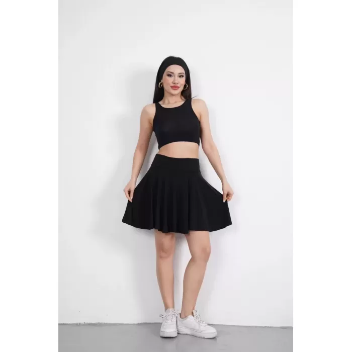 Crop Şortlu Etek ikili Takım - Siyah