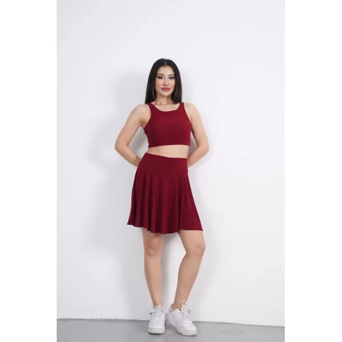 Crop Şortlu Etek ikili Takım - Bordo