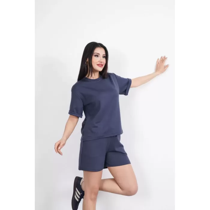 Osy Modal yumuşak dokulu Kumaş Kadın Bisiklet Yaka T-shirt Kısa Şort İkili Takım - Antrasit