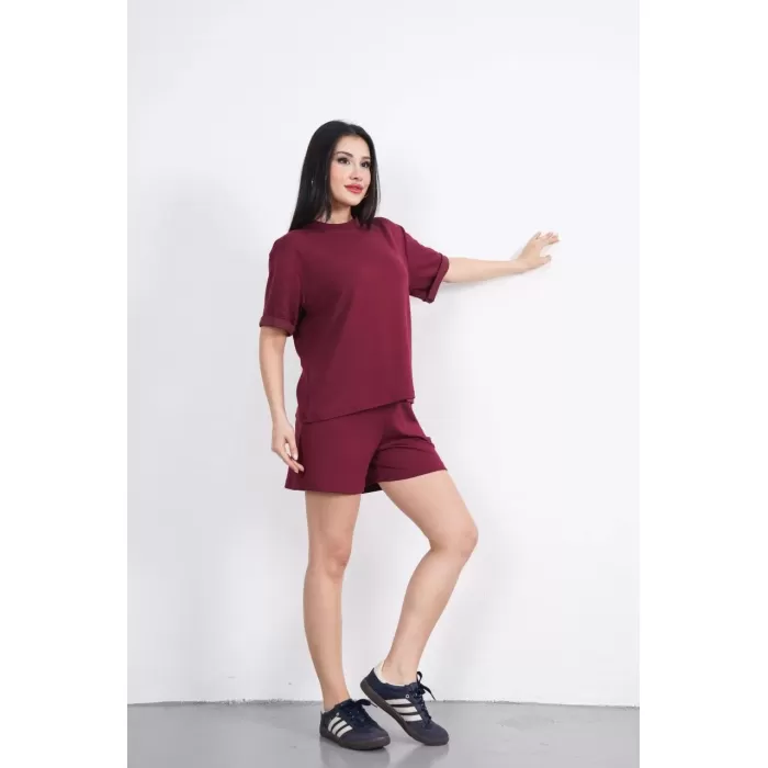 Osy Modal yumuşak dokulu Kumaş Kadın Bisiklet Yaka T-shirt Kısa Şort İkili Takım - Bordo