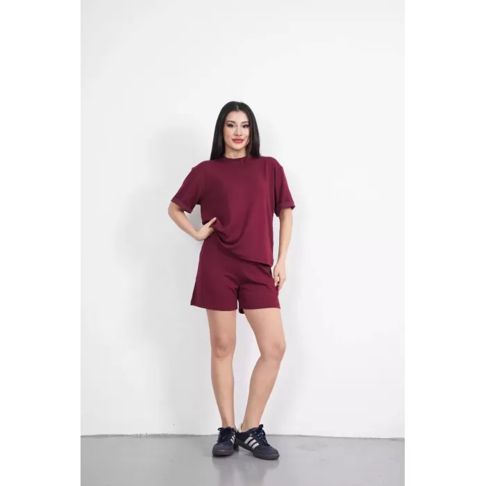 Osy Modal yumuşak dokulu Kumaş Kadın Bisiklet Yaka T-shirt Kısa Şort İkili Takım - Bordo