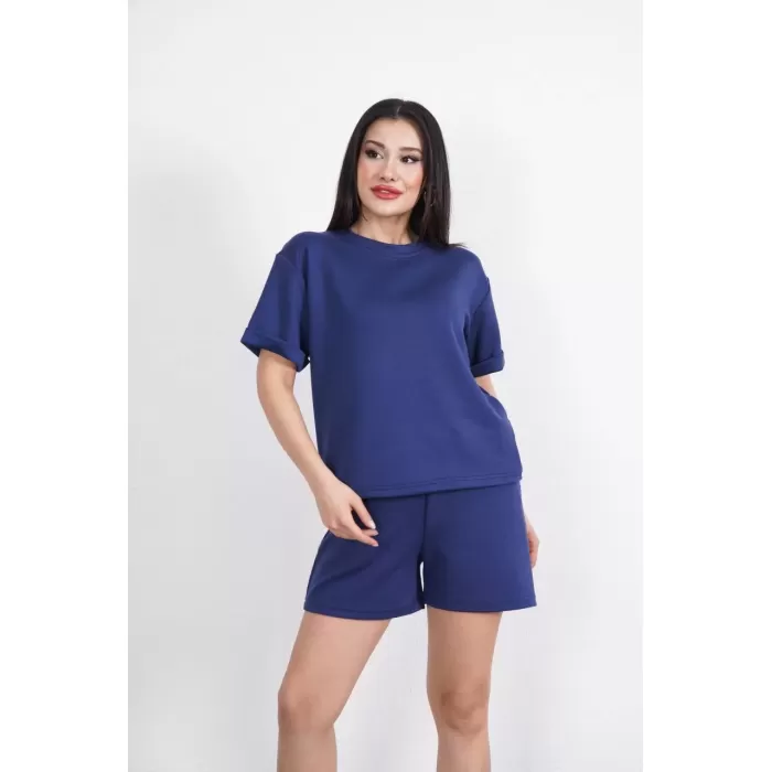 Osy Modal yumuşak dokulu Kumaş Kadın Bisiklet Yaka T-shirt Kısa Şort İkili Takım - Mavi