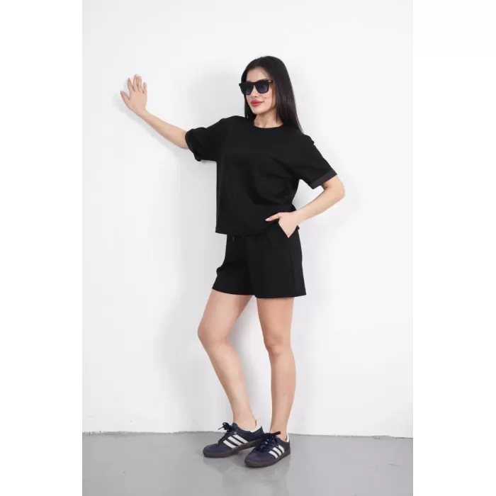 Osy Modal yumuşak dokulu Kumaş Kadın Bisiklet Yaka T-shirt Kısa Şort İkili Takım - Siyah