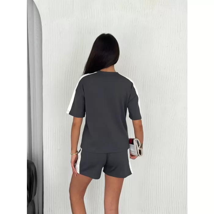 Osy Modal yumuşak dokulu Kumaş Kadın Parçalı Bisiklet Yaka T-shirt Kısa Şort İkili Takım - Antrasit