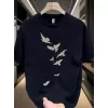 Özgür kuşlar Baskılı Baskılı Oversize Bisiklet Yaka T-shirt - Beyaz
