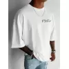 Ön Arka Ejder Baskılı Oversize Bisiklet Yaka T-shirt - Beyaz