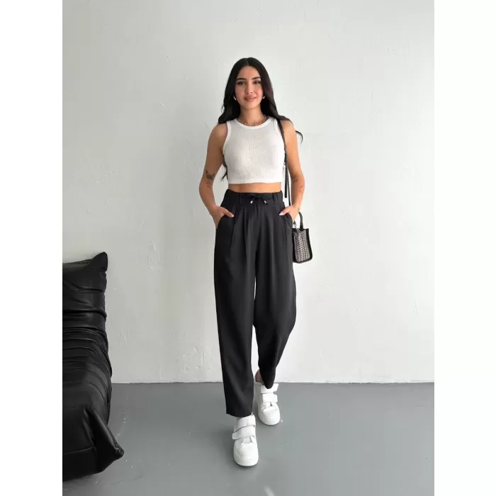 Kadın Yüksel Bel Rahat Paça Pantalon - Siyah