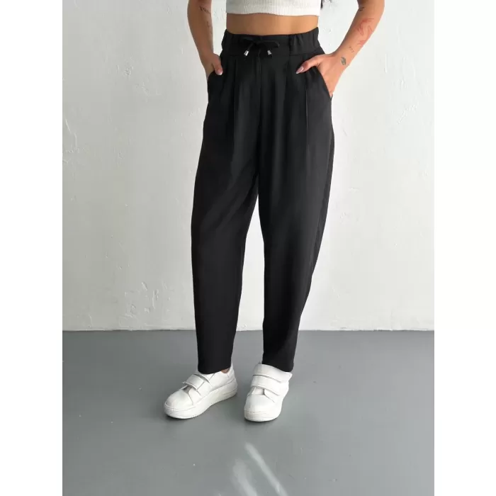 Kadın Yüksel Bel Rahat Paça Pantalon - Siyah