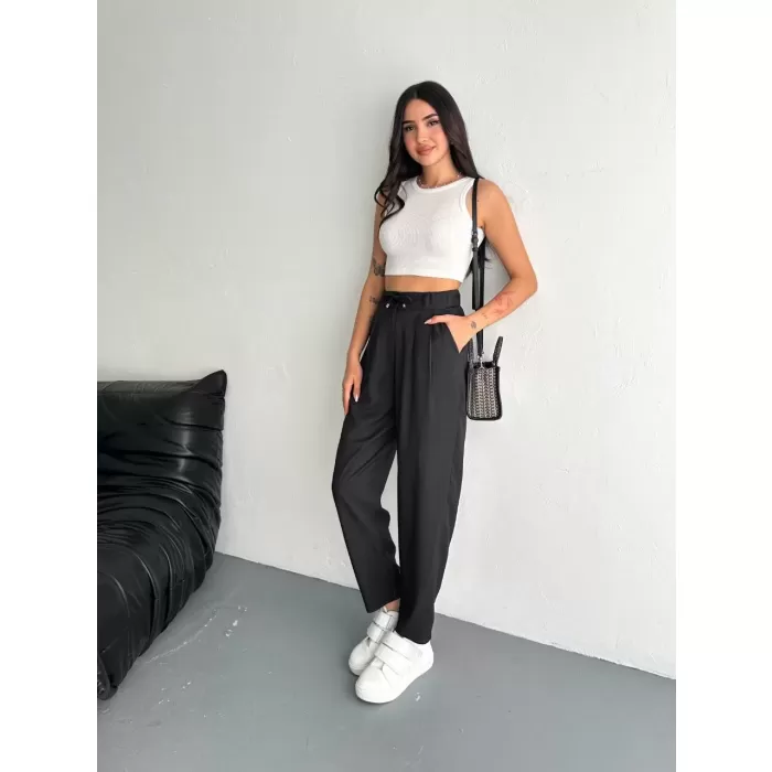 Kadın Yüksel Bel Rahat Paça Pantalon - Siyah