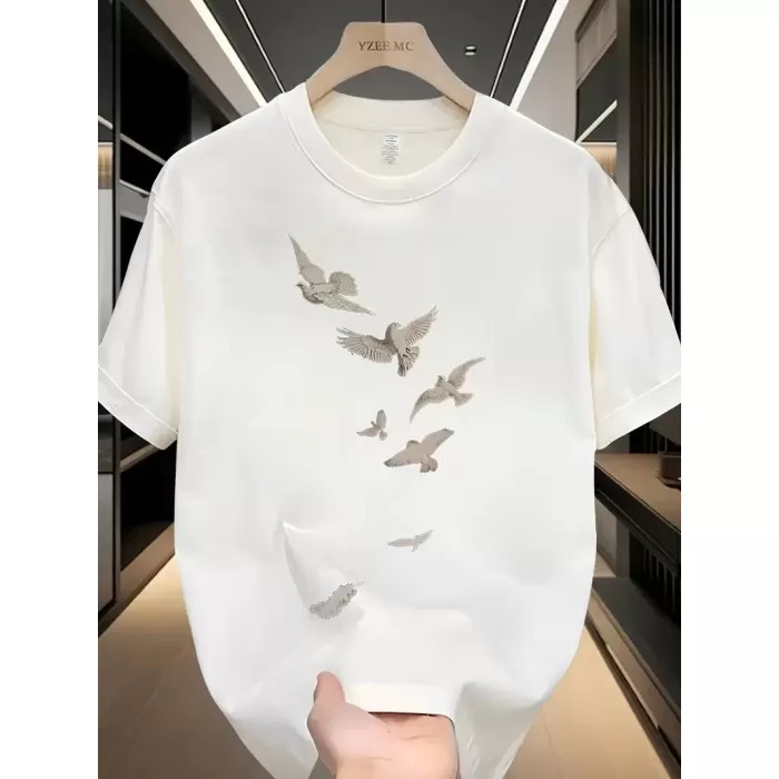 Özgür kuşlar Baskılı Oversize Bisiklet Yaka T-shirt - Beyaz