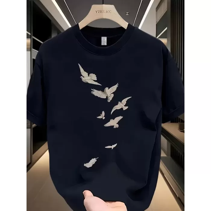 Özgür kuşlar Baskılı Baskılı Oversize Bisiklet Yaka T-shirt - Beyaz