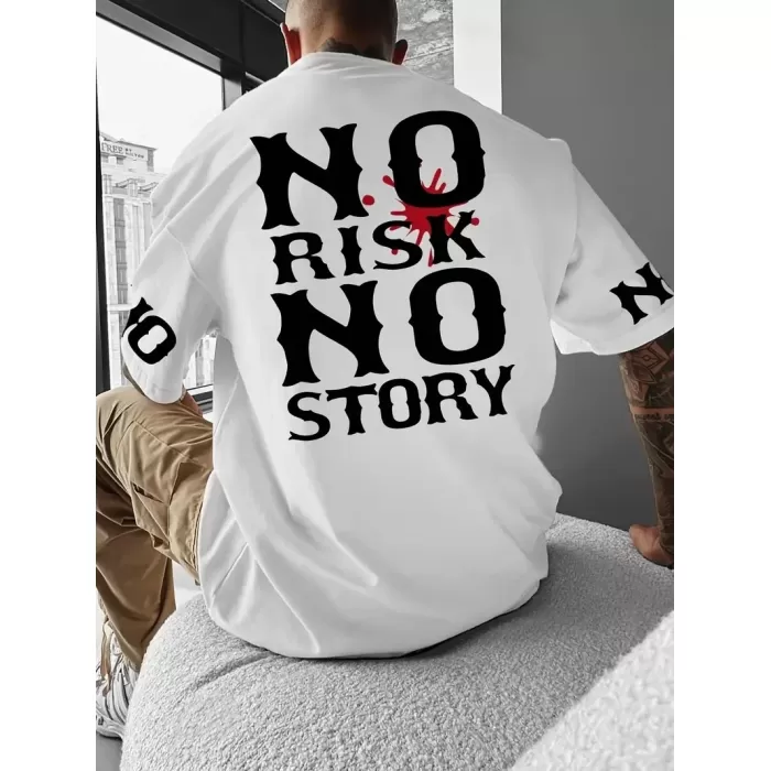 No Risk No Story Baskılı Oversize Bisiklet Yaka T-shirt - Beyaz