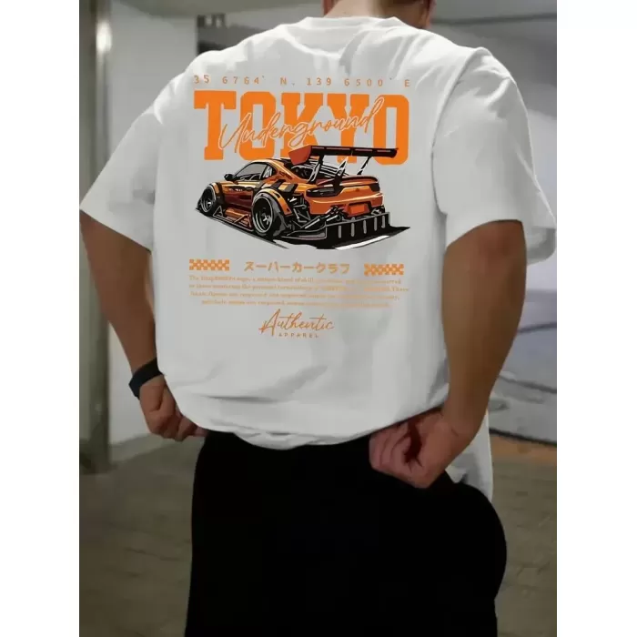 Erkek Turuncu Spor Araba Grafik Tişört - TOKYO Baskılı Günlük Oversize Kısa Kollu Tişört, Yetişkinler için Yazlık Giyim, Turuncu Araba Tasarımı - Beyaz