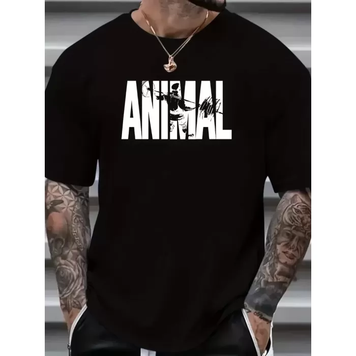 ANIMAL Desen Baskı Erkek Oversive Tişört, Grafik Tişört Erkek Yazlık Outdoor Kıyafetleri, Sporda ve Günlük Giyime Uygun  - Siyah