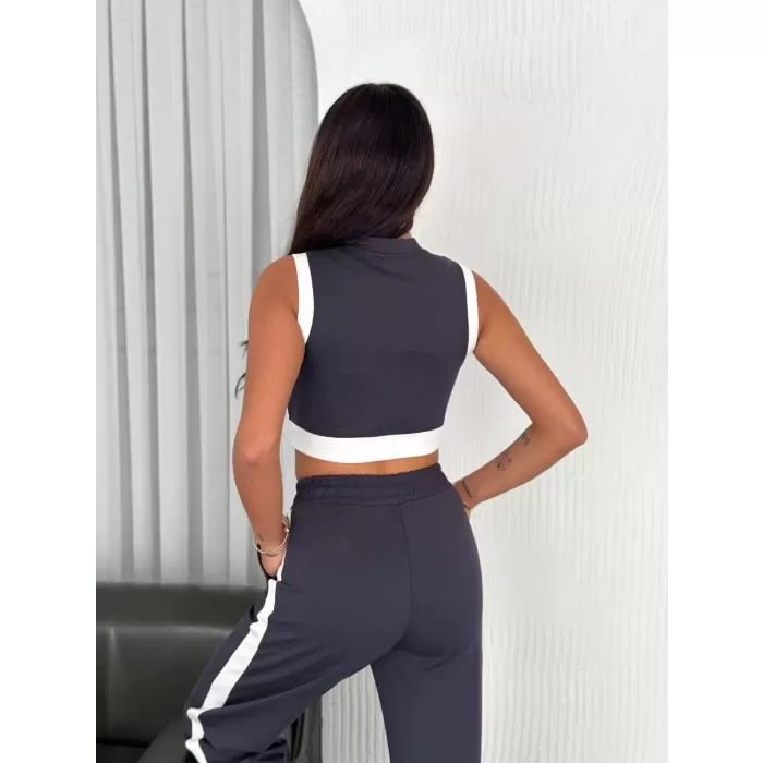 Osy Modal Yumuşak Dokulu Kumaş Tam Fermuarlı Crop Pantalon İkili Takım - Antrasit