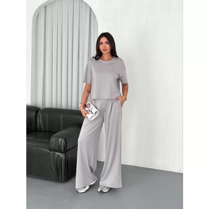 Osy Modal Yumuşak Dokulu Kumaş Bisiklet Yaka T-shirt  Bol paça Pantalon ikili Takım - Boyalı Gri