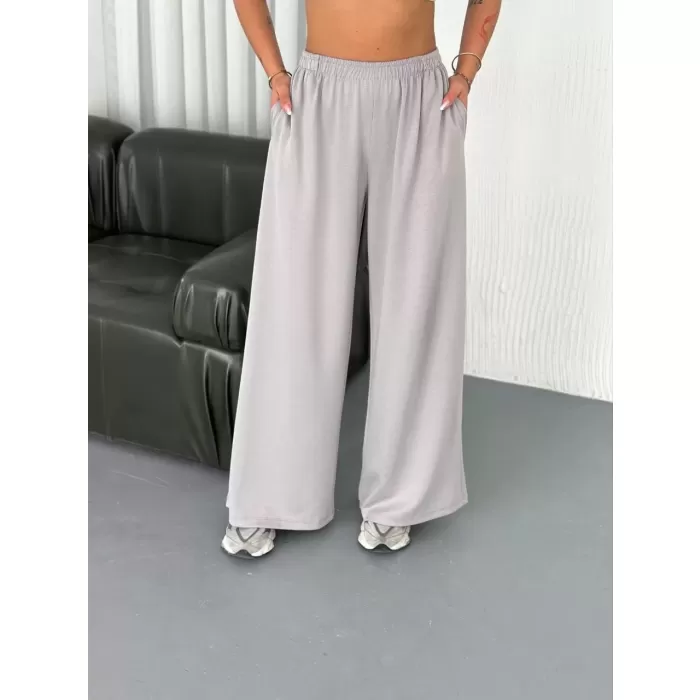 Osy Modal Yumuşak Dokulu Kumaş Bisiklet Yaka T-shirt  Bol paça Pantalon ikili Takım - Boyalı Gri