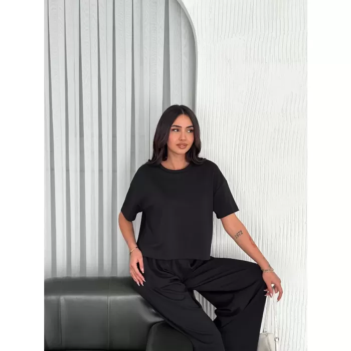 Osy Modal Yumuşak Dokulu Kumaş Bisiklet Yaka T-shirt Bol paça Pantalon ikili Takım -Siyah