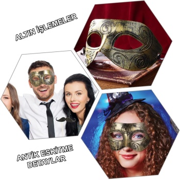 Altın Eskitme Yüz Maskesi - Antik Tarz Balo Maskesi (5460)