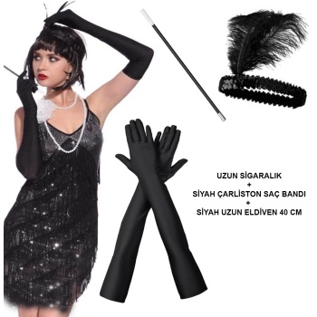 1920&amp;apos;ler Gatsby Aksesuar Seti – Siyah Charleston Saç Bandı, Uzun Eldiven &amp;amp;amp; Sigaralık (5460)