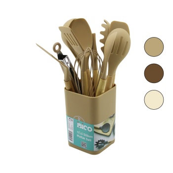11PCS+KOVA SİLİKON MUTFAK SETİ BAMBU SAP 3-KAŞIK- 3-SPATULA- 1-KEVGİR- 1-KEPÇE- 1-MAŞA- 1-ÇRPC- 1-FRÇ (5460)