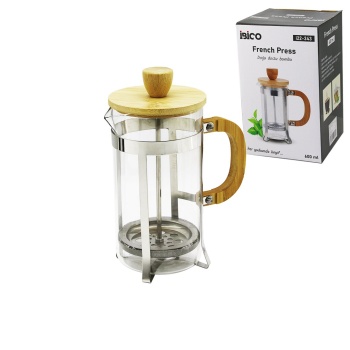 FRENCH PRESS METAL KAFES - BAMBU SAP BAMBU KAPAK 600ML CAM BİTKİ SÜZGEÇİ (5460)