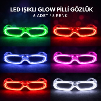 LED Işıklı Glow Pilli Parti Gözlüğü - Glow Efektli 6 Adet 5 Renk (5460)