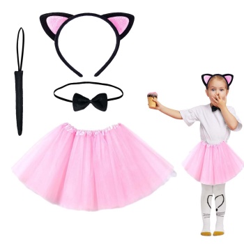 Pembe Renk Etekli Kedi Kostüm Seti (Tütü, Taç, Papyon, Kuyruk) (5460)