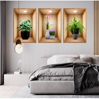 3D Çiçek Vazo Duvar Sticker 3 lü Set Kahverengi Fon (5460)