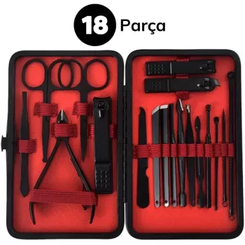 18 Parça Manikür Pedikür Set Kutusu Çelik Deri Çantalı Bakım Seti (5460)